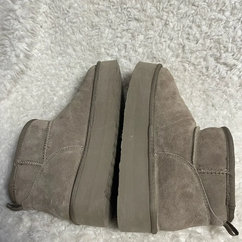 BEARPAW WOMENS RETRO SHORTY LEATHER SUEDE TAUPE PLATFORM FUR BOOT SZ10